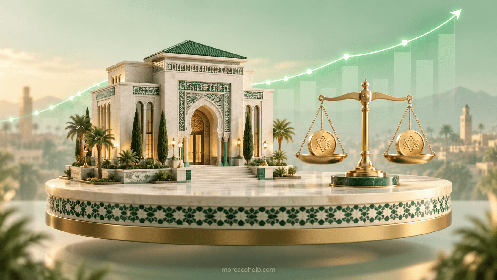 رسم ثلاثي الأبعاد إيزومتري لمبنى بنك مركزي مغربي على منصة، مع ميزان متوازن يرمز إلى الحفاظ على السعر الموجه في 2.25%، شتنبر 2026
