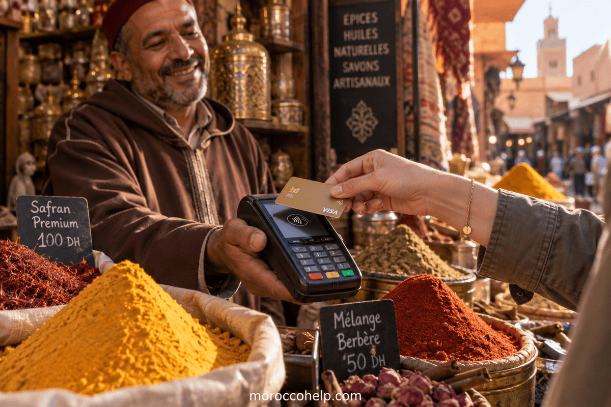 Un client paie par carte bancaire sur un terminal de paiement chez un commerçant marocain, octobre 2026