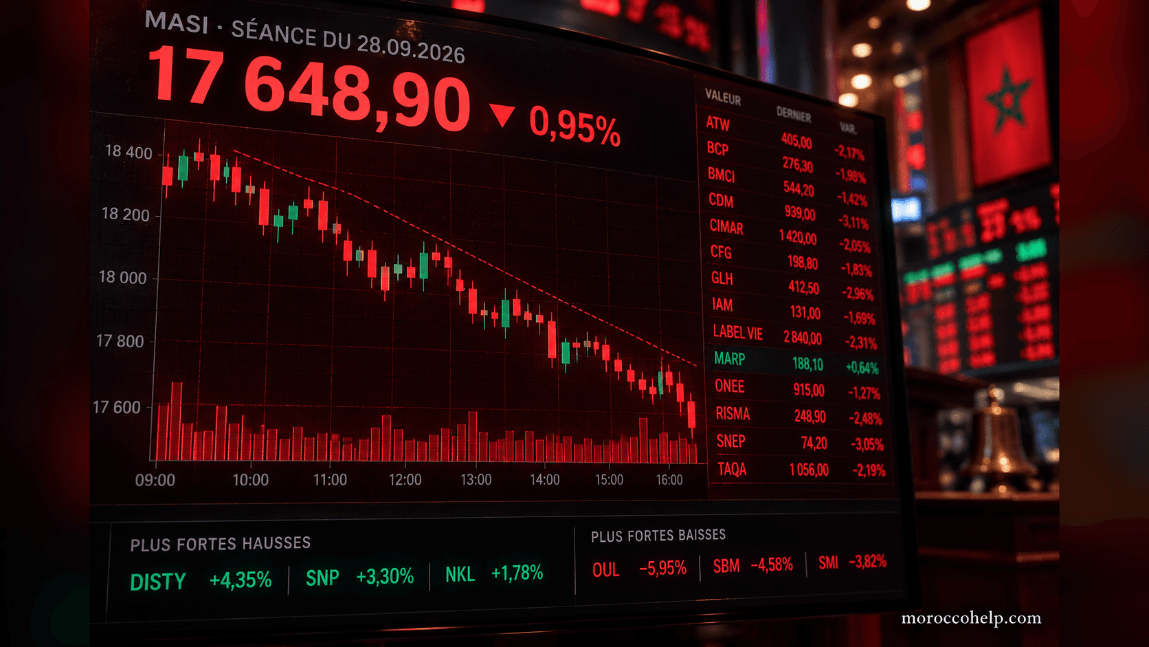 Tableau de cotation de la Bourse de Casablanca affichant le MASI à 17.648,90 points en baisse de 0,95 %, avec des chandeliers rouges et les principales hausses et baisses de la séance du 28 septembre 2026