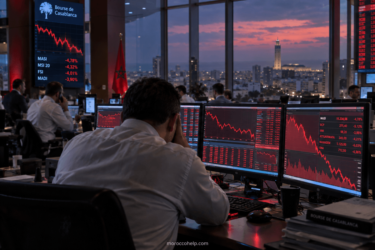 شاشات تداول بورصة الدار البيضاء مغطاة بأسهم حمراء هابطة، شتنبر 2026