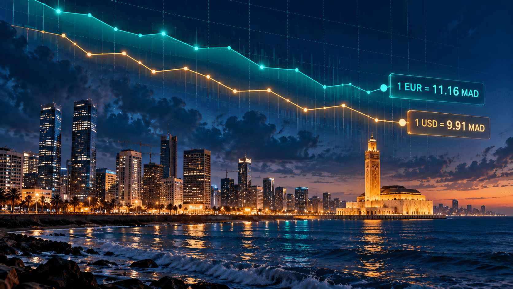 Ligne d'horizon de Casablanca au crépuscule avec des lignes de tendance forex lumineuses dans le ciel, marquant les plus bas de plusieurs semaines du dirham : 1 EUR = 11,16 MAD et 1 USD = 9,91 MAD, 5 octobre 2026