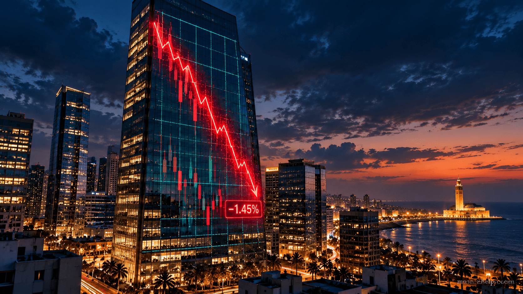 Ligne de chute des marchés en néon rouge clignotant au-dessus d'une skyline côtière nocturne, illustrant la chute brutale de 1,45 % du dirham face à l'euro : 1 EUR = 11,09 MAD et 1 USD = 9,80 MAD, 2 octobre 2026