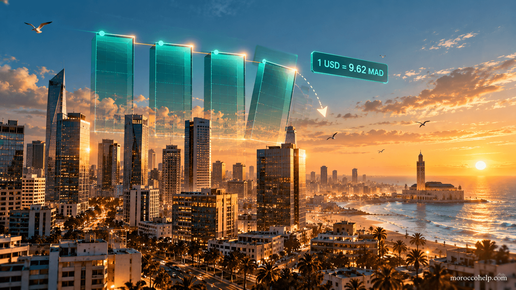 Skyline financière de Casablanca au coucher du soleil avec la première marche penchée d'un graphique de marché, tandis que le dollar entame sa hausse contre le dirham : 1 USD = 9,62 MAD et 1 EUR = 10,99 MAD, 28 septembre 2026