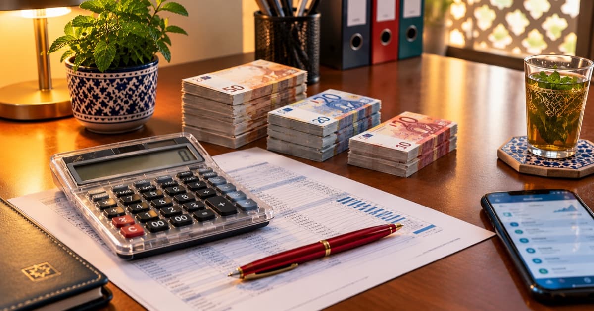 Un bulletin de paie marocain à côté d'une calculatrice, montrant les nouvelles tranches d'imposition de 10, 20 et 30 pour cent
