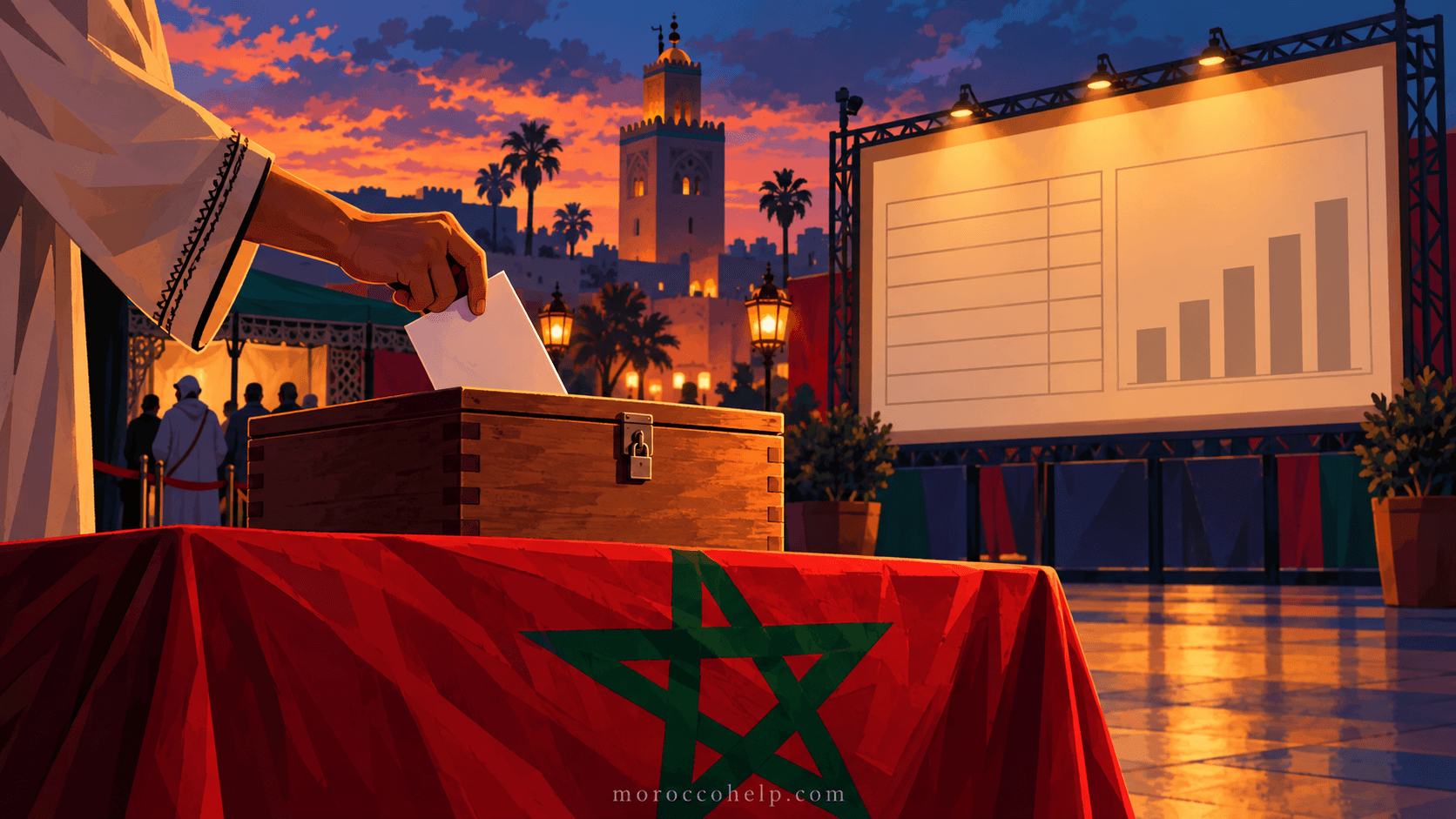 Photographie d'un bureau de vote marocain au crépuscule : urne drapée du drapeau marocain et tableau de résultats vierge attendant les chiffres de la soirée électorale du 23 septembre 2026