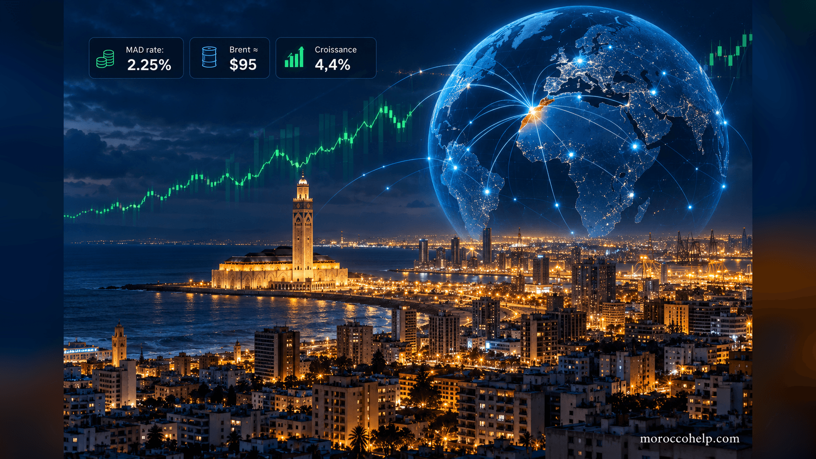 Illustration de la silhouette de Casablanca la nuit reliée par des lignes lumineuses à un globe terrestre, avec les indicateurs clés de la semaine : taux à 2,25 %, Brent à 95 dollars, croissance à 4,4 %