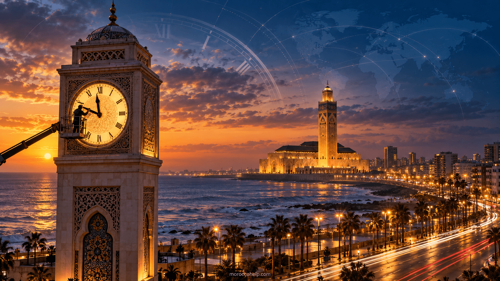 صورة عند الغسق لأفق الدار البيضاء ومسجد الحسن الثاني مع ساعة تعاد عقاربها ساعة إلى الوراء، عودة المغرب إلى توقيت غرينتش في شتنبر 2026
