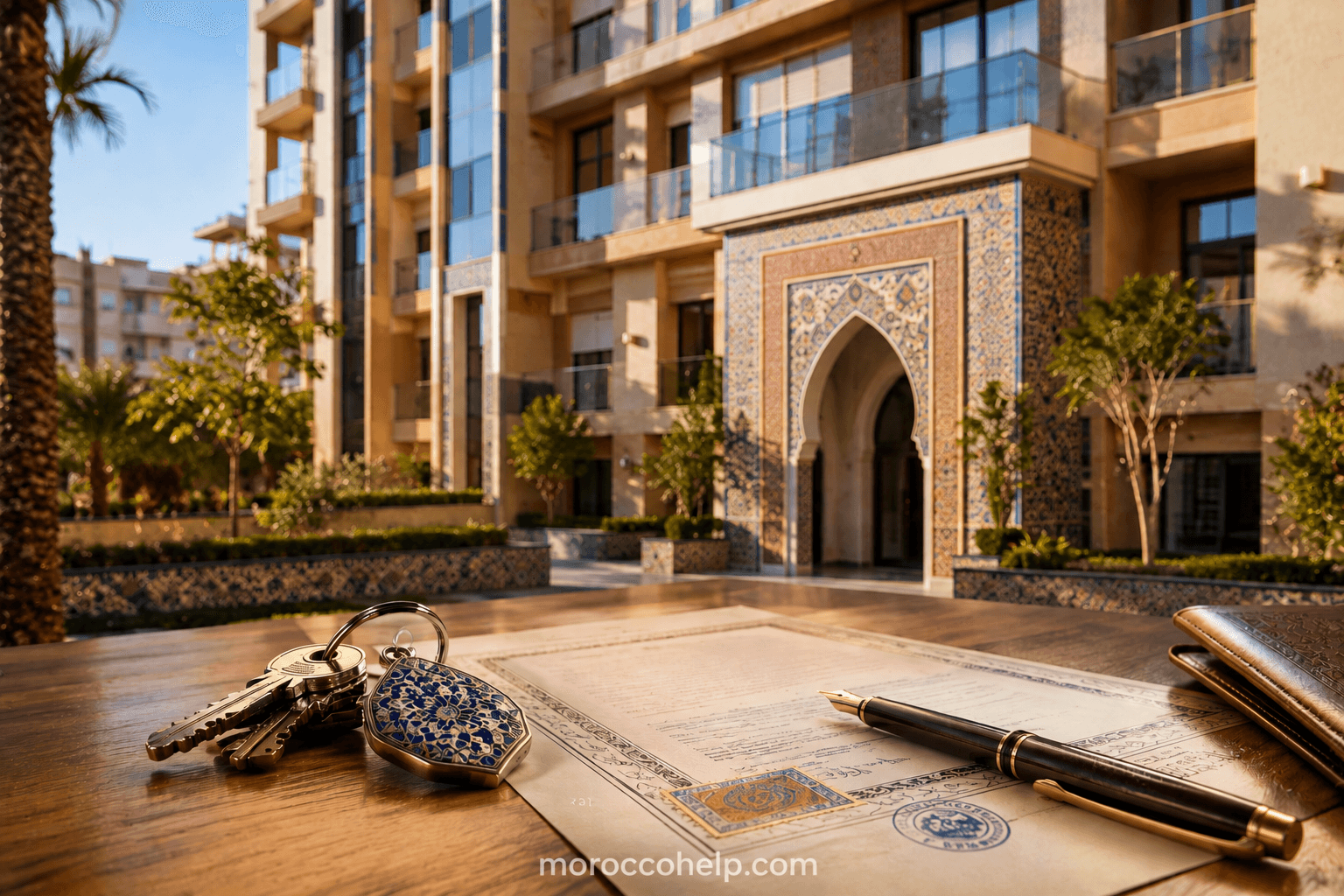 Appartement marocain moderne avec des clés et un acte de propriété tamponné, illustrant les changements fiscaux de 2026 sur l'achat immobilier et le certificat de non-imposition obligatoire