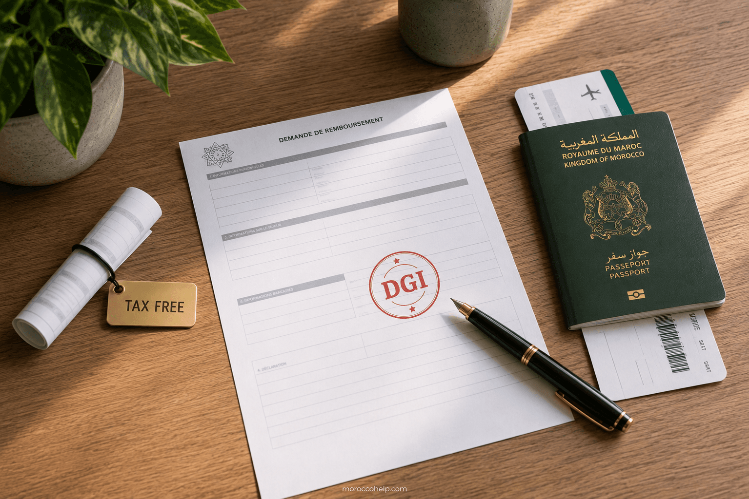 Remboursement d'impôt au Maroc : formulaire de remboursement tamponné, billets de dirham, passeport et bordereau Tax Free sur un bureau, illustrant l'IR, le shopping tax-free et les remboursements non-résidents
