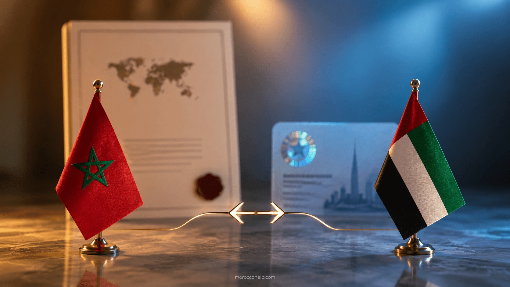 Double imposition Maroc-Émirats : les drapeaux marocain et émirati reliés par une flèche bidirectionnelle au-dessus d'un document de convention et d'une attestation de résidence, symbolisant la résidence, les plafonds de retenue et les avantages conventionnels