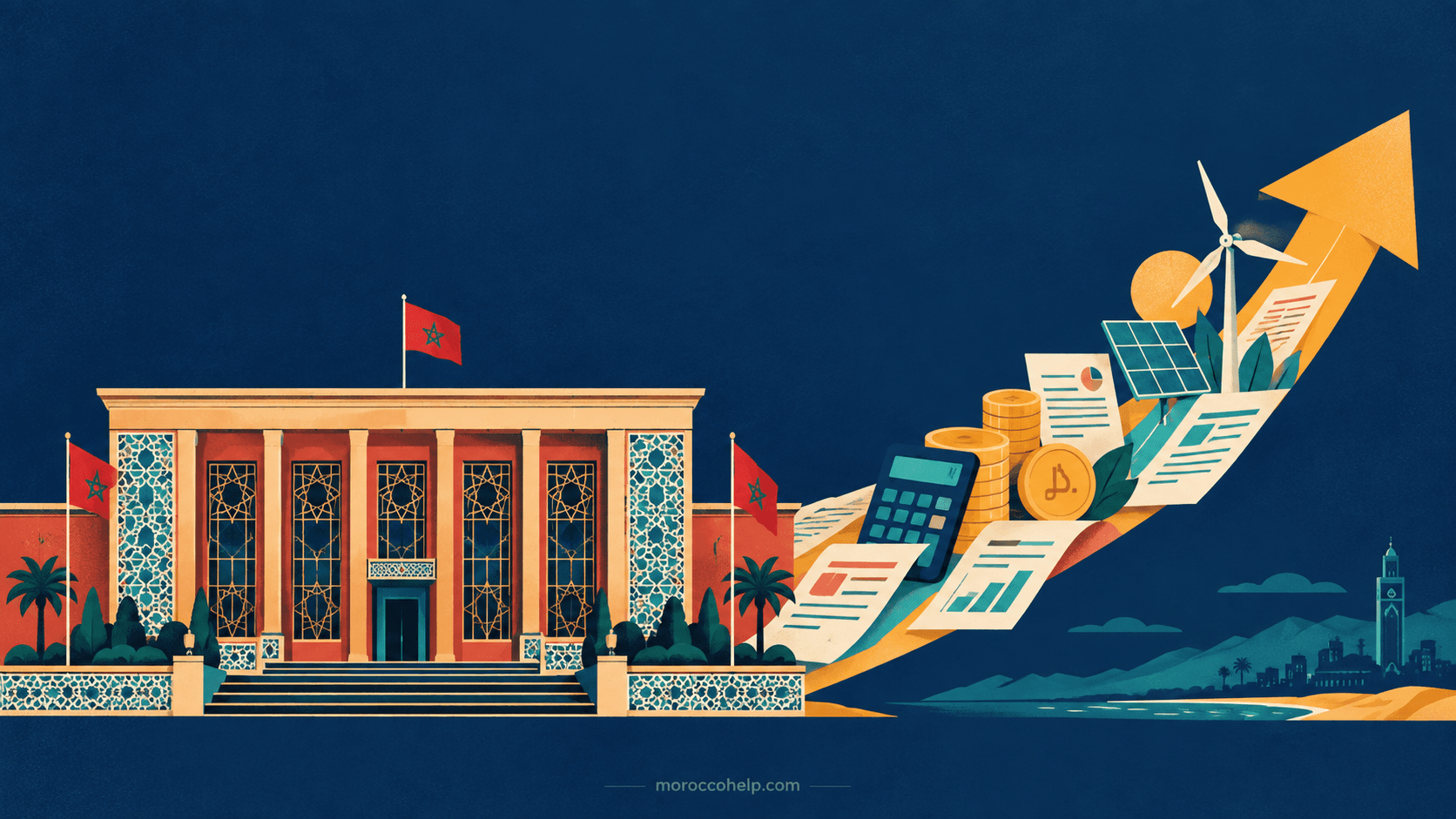 Illustration vectorielle éditoriale du Parlement marocain se prolongeant en flèche ascendante formée de documents budgétaires, calculatrice et pièces de dirham, loi de finances 2027