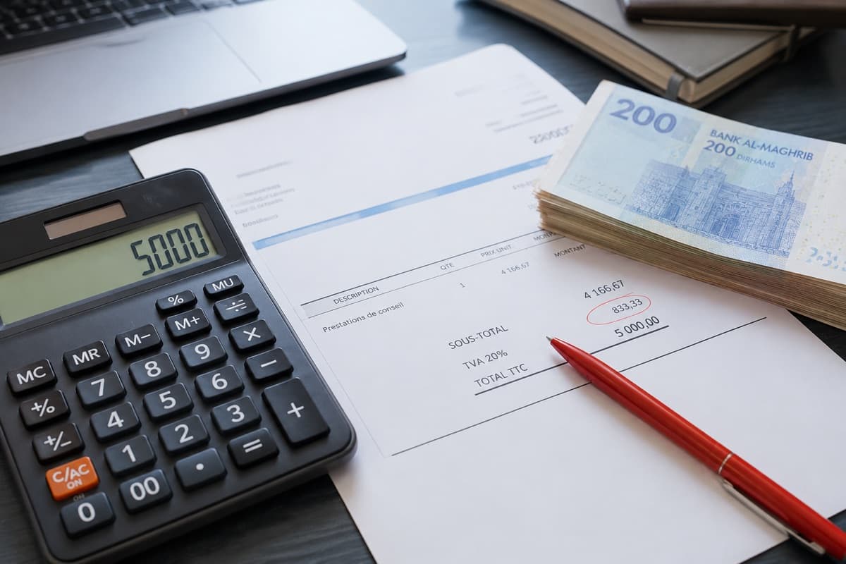 مكتب محاسب مع آلة حاسبة تعرض 5000 وفاتورة بنسبة الضريبة على القيمة المضافة 20% وأوراق نقدية بالدرهم المغربي